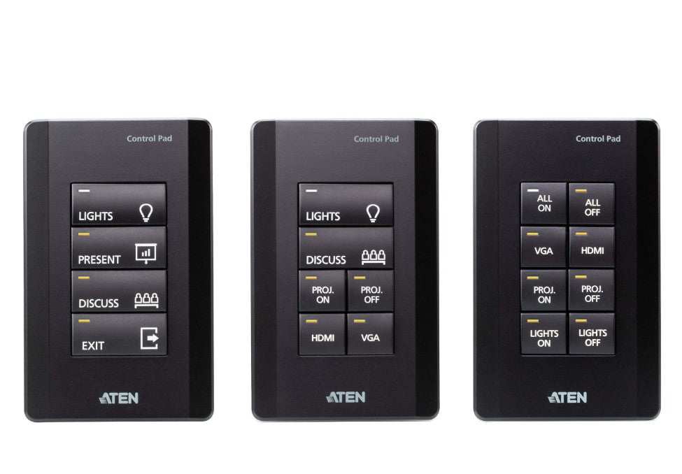 Aten 8 Button Control Pad in black color with 1 Gang US wall plate, 2 RS232, 2 relay, 1 Digital I/O and Ethernet connection support, 14 button layouts Aten 8 Button Control Pad in black color with 1 Gang US wall plate, 2 RS232, 2 relay, 1 Digital I/O and Ethernet connection support, 14 button layouts